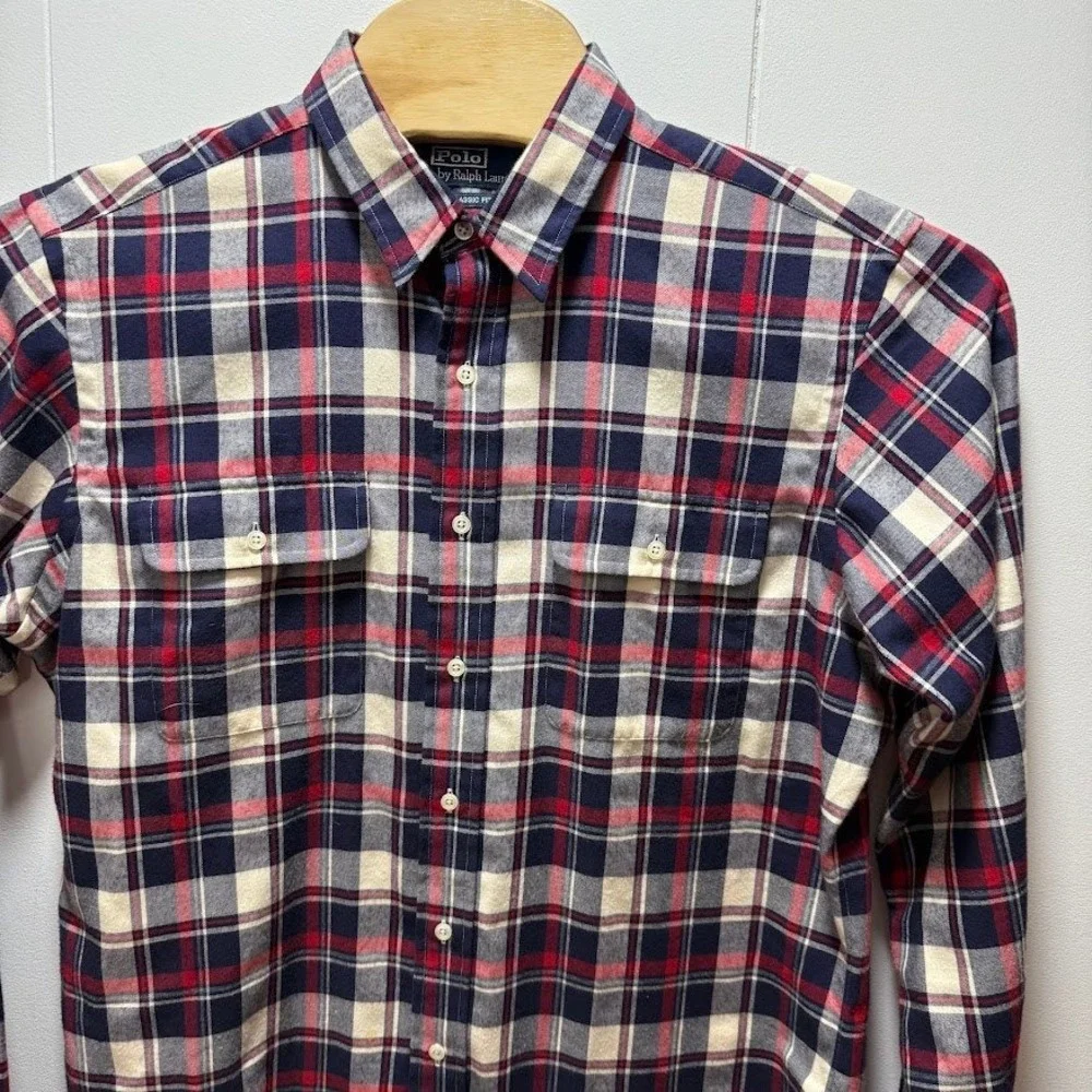 Polo Ralph Lauren Mens Large‎ Classic Fit Plaid Flannel Shirt Navy Red Cotton